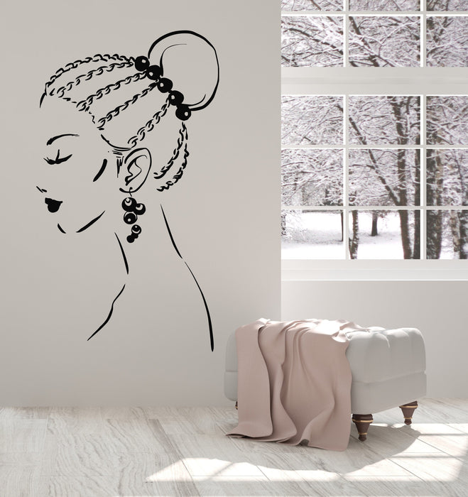 Vinyl Wall Decal Beautiful Girl Face Braids Hairstyle Earrings Stickers Unique Gift (1525ig)