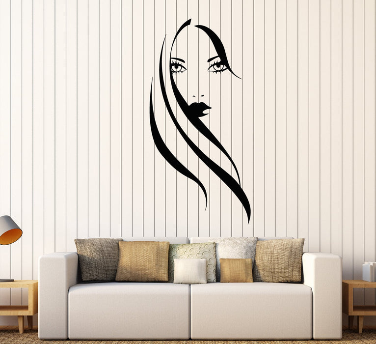 Autocollant mural en vinyle Belle fille visage modèle cheveux longs maquillage mode autocollants cadeau unique (1839ig)