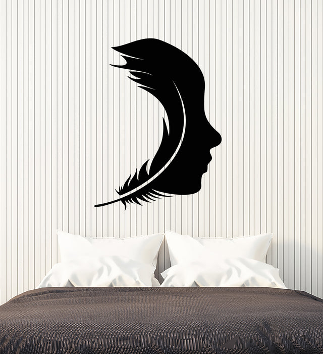 Vinyl Wall Decal Feather Bird Girl Face Silhouette Stickers (3317ig)