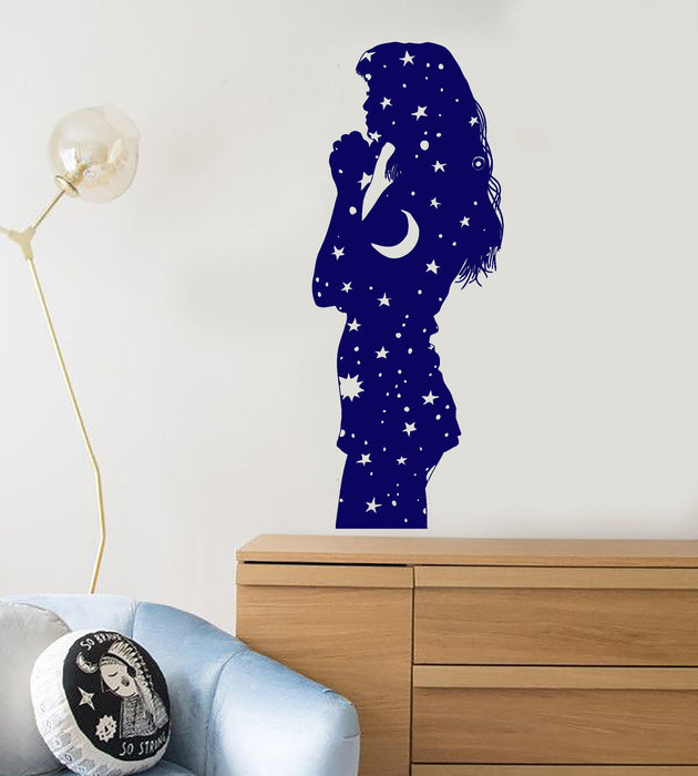 Autocollant mural en vinyle pour chambre à coucher, motif pyjama, fille, nuit, étoiles, lune, rêve, cadeau unique (893ig)
