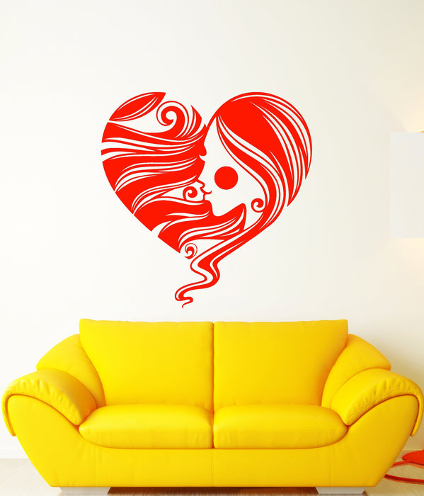 Vinyl Wall Decal Heart Symbol Romantic Girl Face Hair Hairstyle Stickers (2995ig)