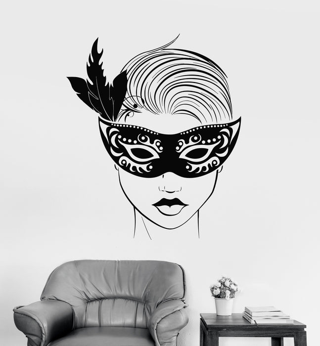 Виниловая наклейка на стену Красивое лицо девушки в маске Женщина Карнавальные губы Наклейки Уникальный подарок (1501ig)