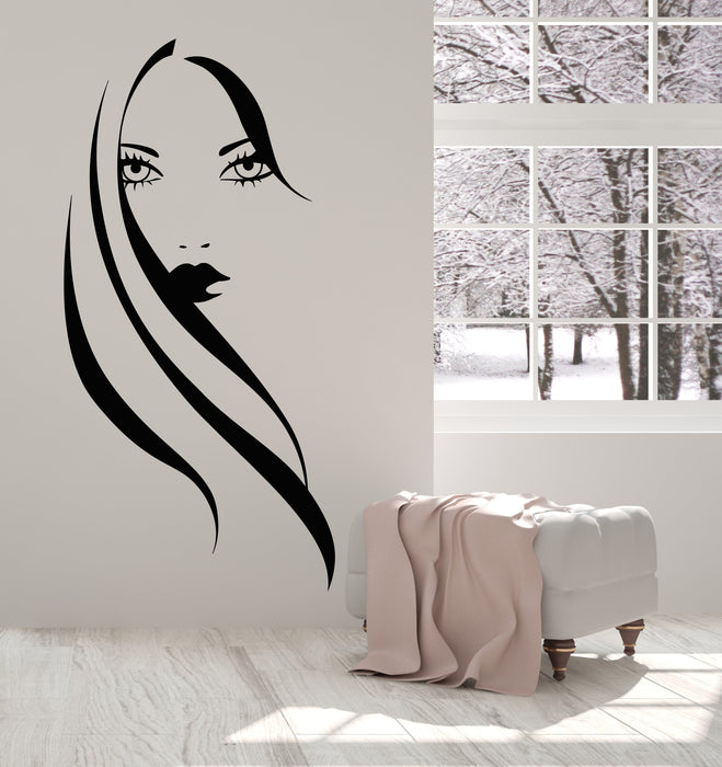 Autocollant mural en vinyle Belle fille visage modèle cheveux longs maquillage mode autocollants cadeau unique (1839ig)
