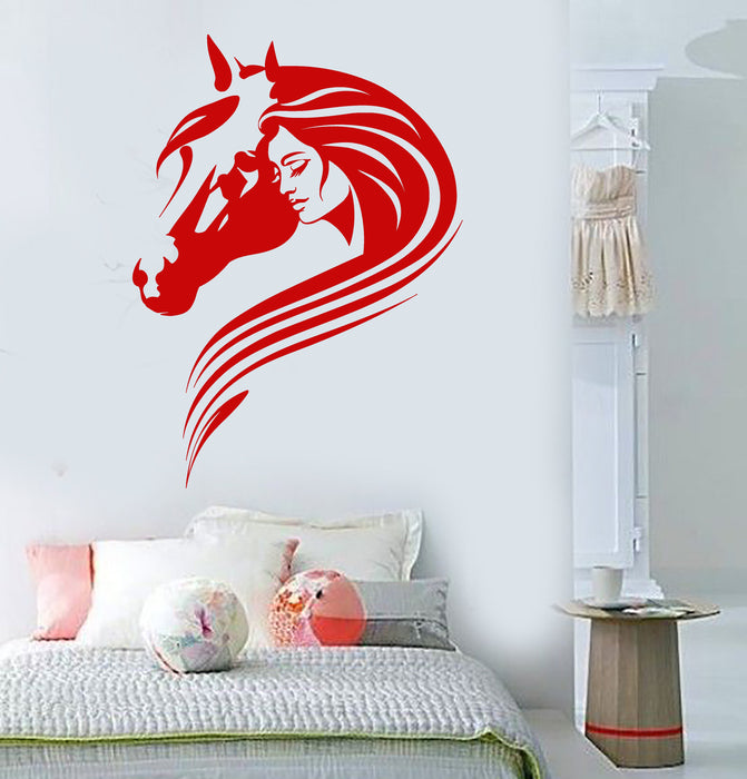 Vinyl Wall Decal Beautiful Girl With Horse Head Pet Room Decor Stickers Unique Gift (1640ig)