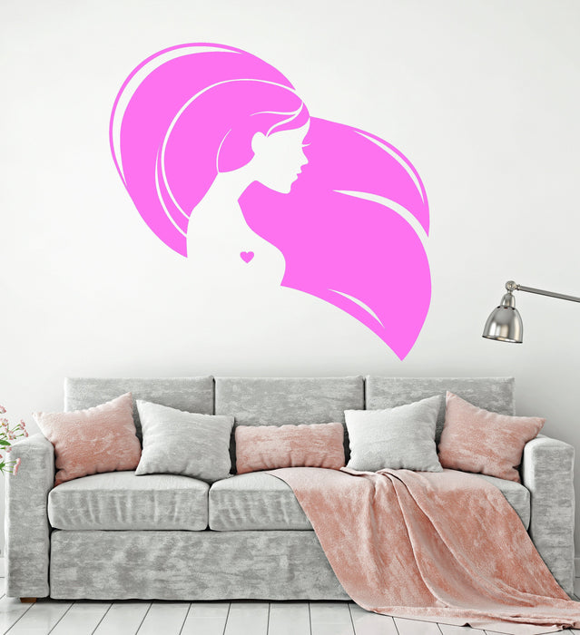Vinyl Wall Decal Beautiful Head Girl Heart Woman Long Hair Stickers Unique Gift (1323ig)