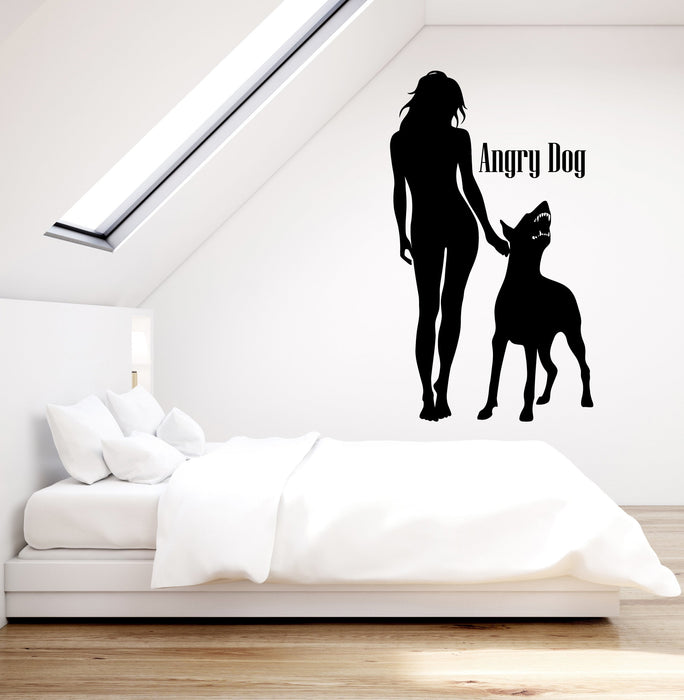 Vinyl Wall Decal Girl With Angry Dog Pet Dobermann Home Interior Stickers (2881ig)