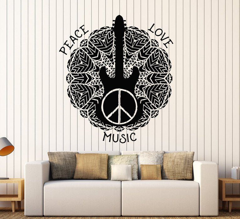 Vinyl Wall Decal Hippie Peace Love Guitar Music Stickers Unique Gift (914ig)