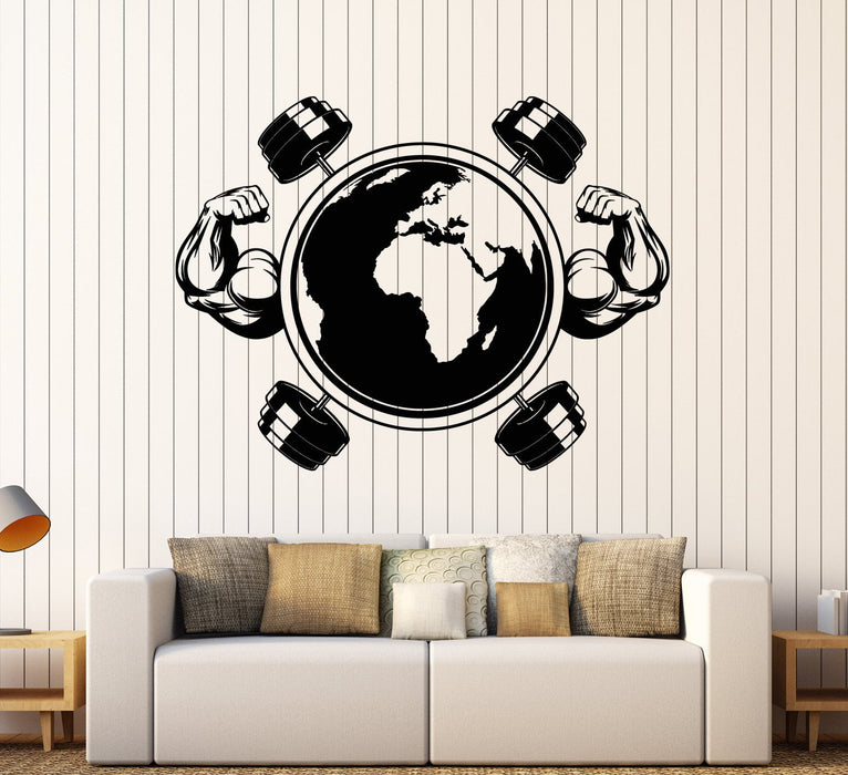 Vinyl Wall Decal Earth Muscles Hands Barbell Gym Logo Motivation Stickers Unique Gift (1968ig)
