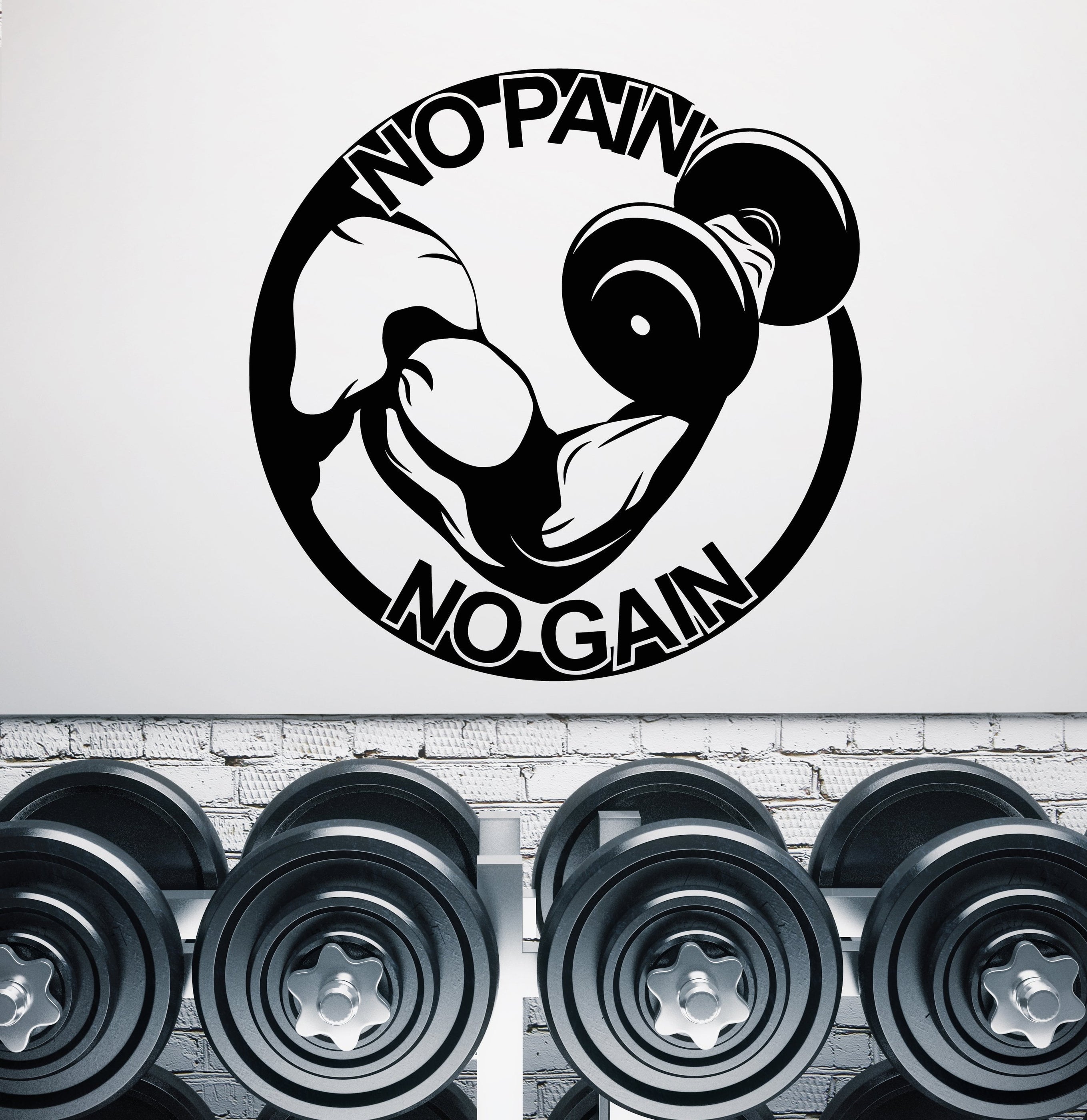 Vinyl Wall Decal Quote Gym Logo Muscular Hand Dumbbell No Pain Gain St ...