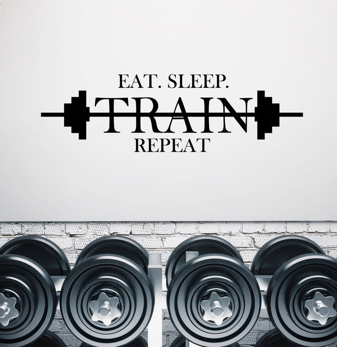 Vinyl Wall Decal Quote Gym Eat Sleep Repeat Train Barbell Sport Fitness Stickers (4229ig)