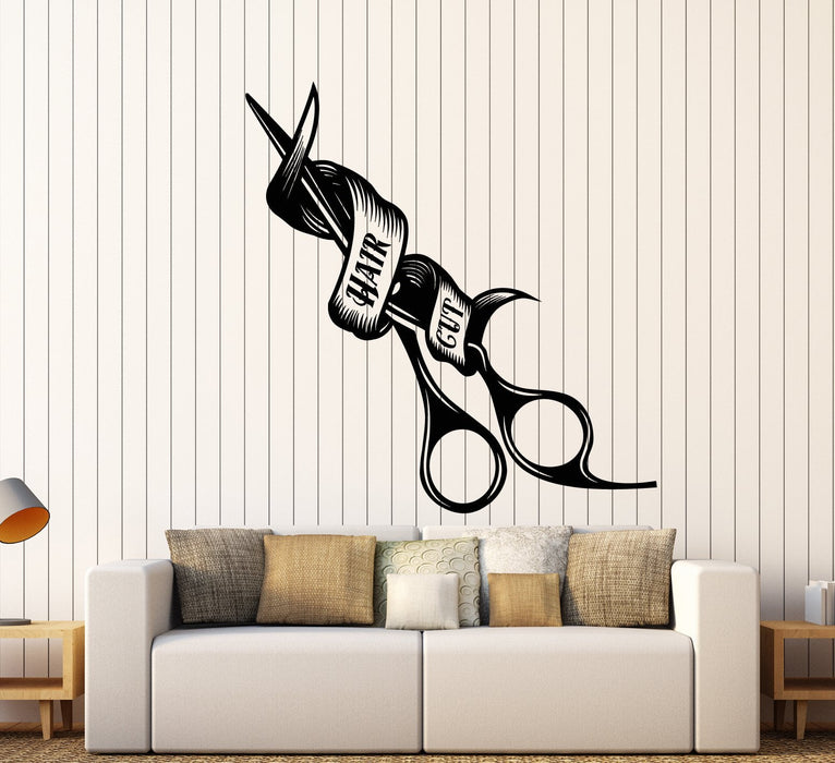 Autocollant mural en vinyle pour coupe de cheveux, ciseaux, salon de coiffure, panneau d'affichage, cadeau unique (1773ig)