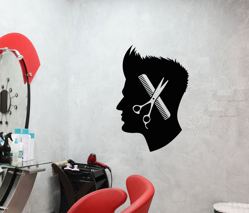 Vinyl Wall Decal Barbershop Men's Head Haircut Hairstyle Scissors Stickers (2814ig)
