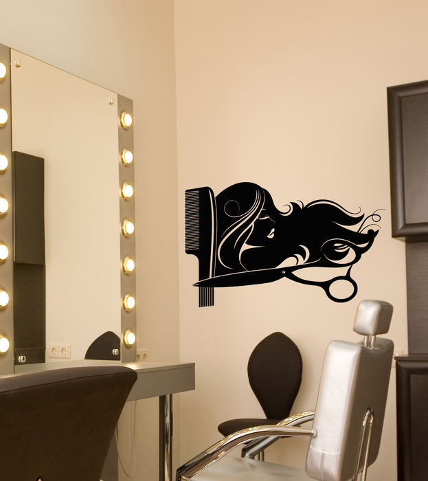 Vinyl Wall Decal Barber Logo Hairdressing Salon Hairstyle Haircut Scissors Comb Stickers (4231ig)