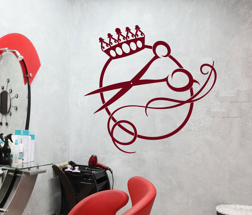 Vinyl Wall Decal Crown Scissors Logo Haircut Hair Salon Barbershop Stickers (2459ig)
