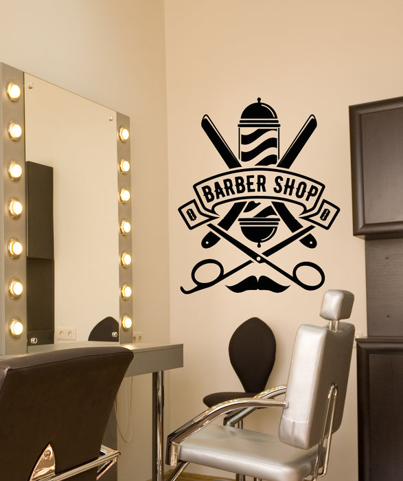 Vinyl Wall Decal Barbershop Beauty Salon Logo Straight Razor Stickers (3277ig)