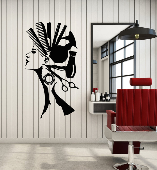 Salon Stylist Beauty Spa Woman Portrait Comb Hair Dryer Hairdresser Tools Vinyl Wall Decal Decor Stickers (3150ig)