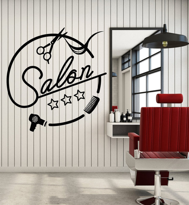 Vinyl Wall Decal Beauty Hair Salon Logo Scissors Hairbrush Stickers (2298ig)