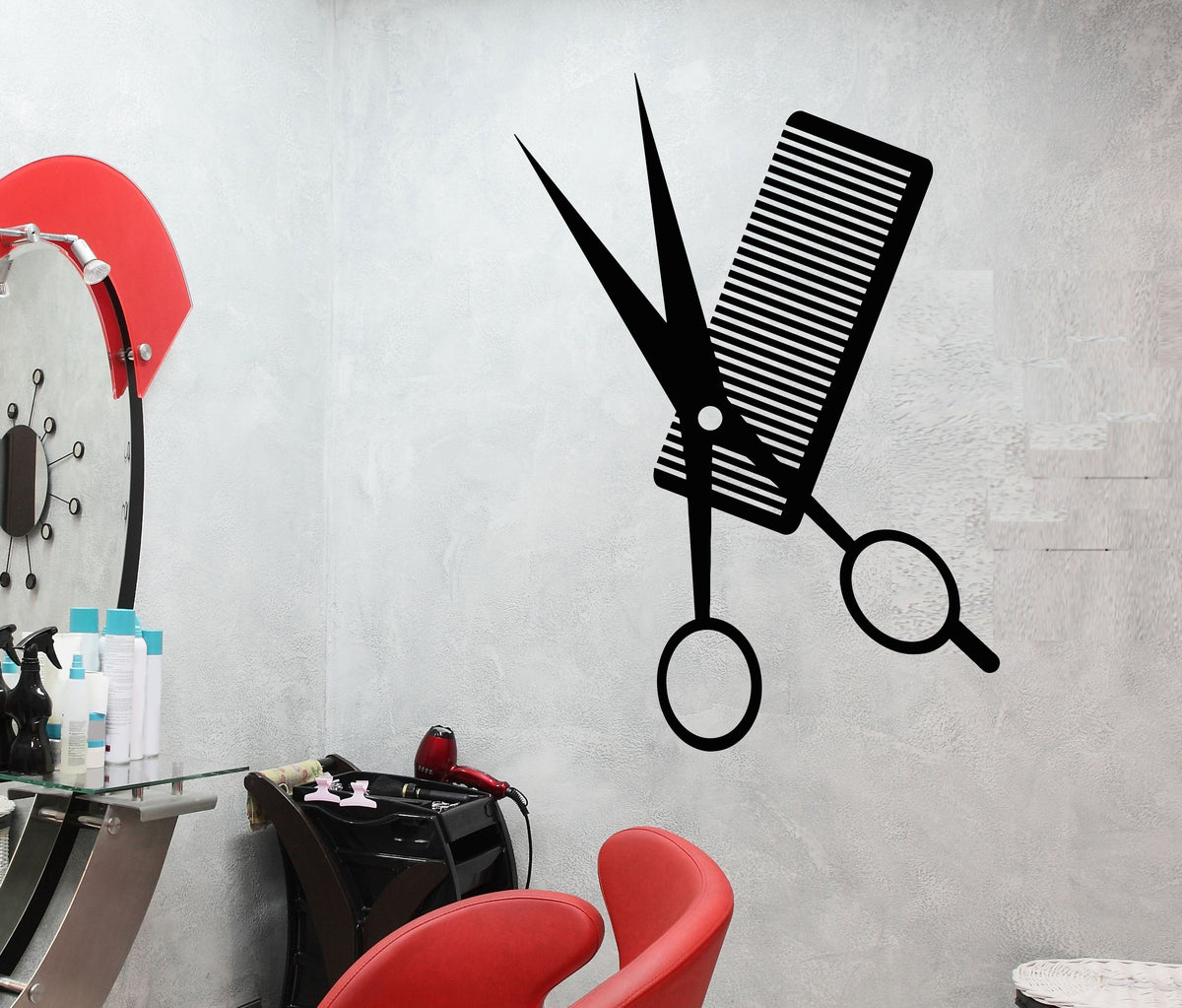 Vinyl Wall Decal Comb Scissors Hair Salon Haircut Hairstyle Stickers ...