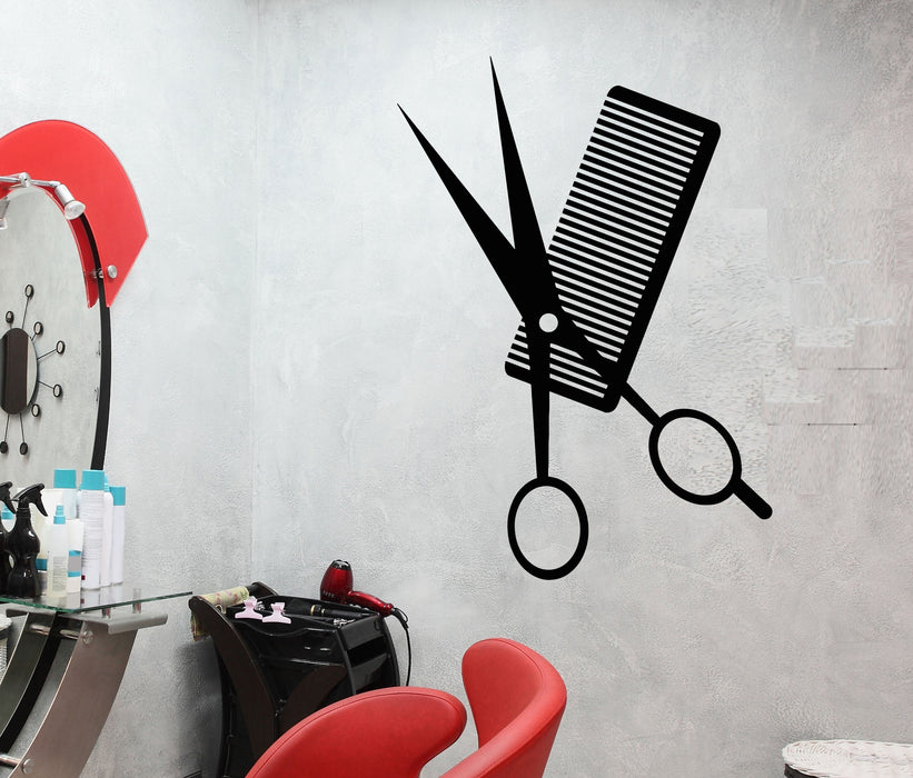 Vinyl Wall Decal Comb Scissors Hair Salon Haircut Hairstyle Stickers (2359ig)