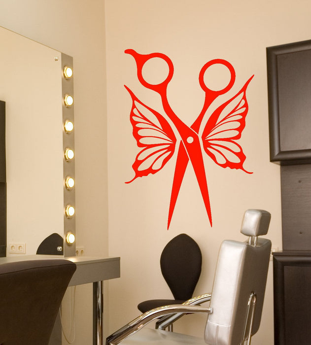 Vinyl Wall Decal Hairdresser Scissors Butterfly Wings Haircut Stickers (2312ig)
