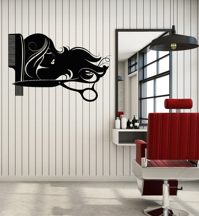 Vinyl Wall Decal Barber Logo Hairdressing Salon Hairstyle Haircut Scissors Comb Stickers (4231ig)
