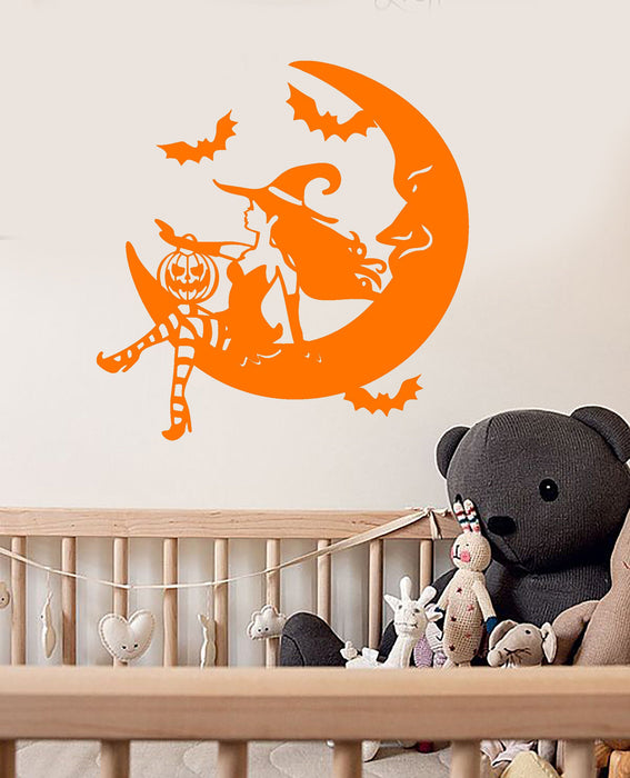 Vinyl Wall Decal Fairy Tale Halloween Witch On Crescent Stickers (2973ig)