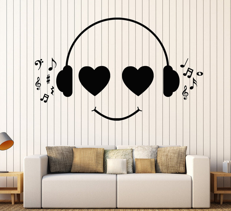 Vinyl Wall Decal Positive Cheerful Music Lover Smiley Headphones Stickers Unique Gift (891ig)