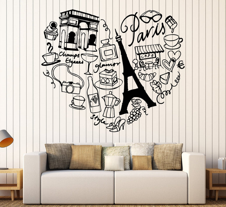 Vinyl Wall Decal Paris France Heart Travel Eiffel Tower Love Romance Stickers Unique Gift (1144ig)