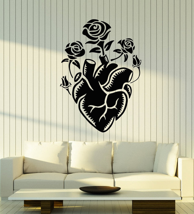 Autocollant mural en vinyle avec bouquet de roses et orgue en forme de cœur pour salon de tatouage (2759ig)