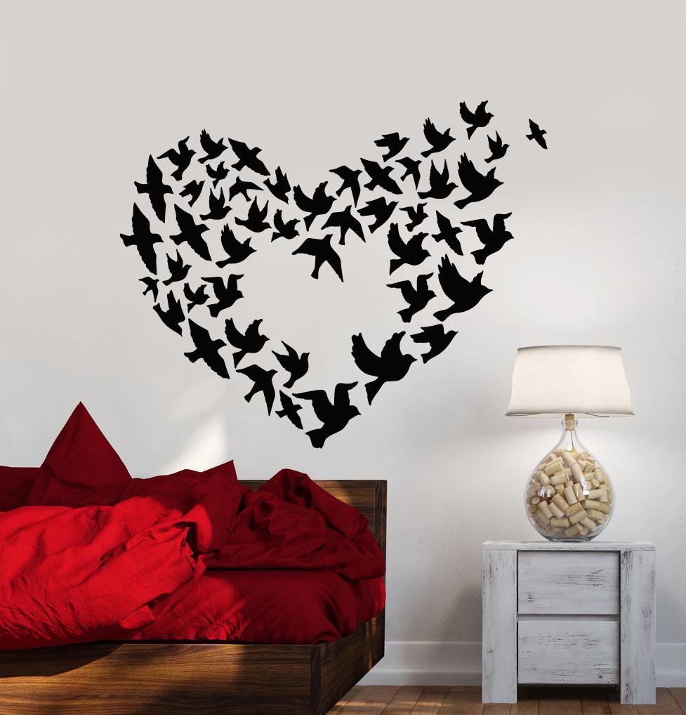 Vinyl Wall Decal Heart Symbol Flock Of Birds Romantic Love Stickers (2 ...
