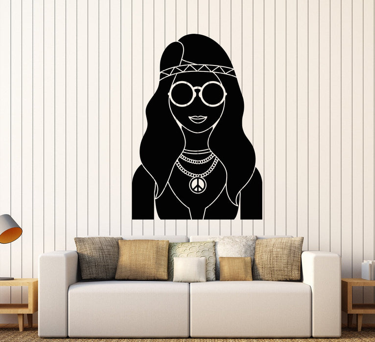Vinyl Wall Decal Hippie Girl Peace Symbol Love Sunglasses Stickers Unique Gift (1457ig)
