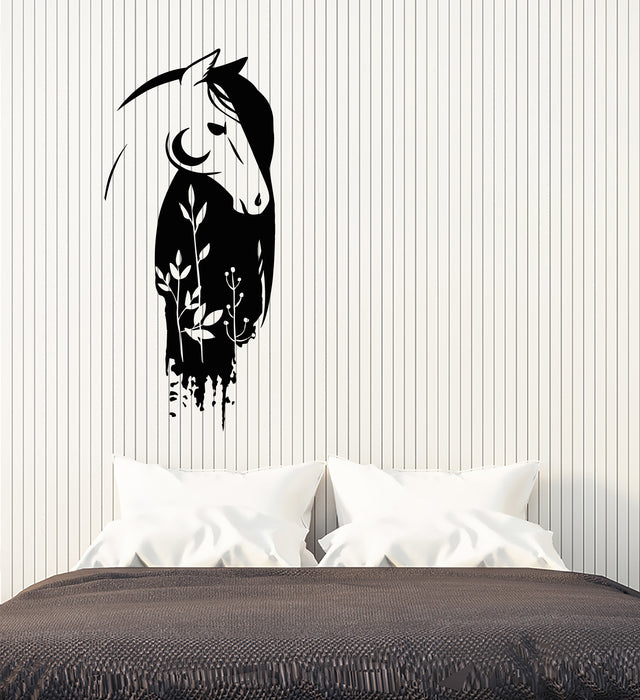 Autocollant mural en vinyle avec de belles fleurs de conte de fées et tête de cheval (3640ig)