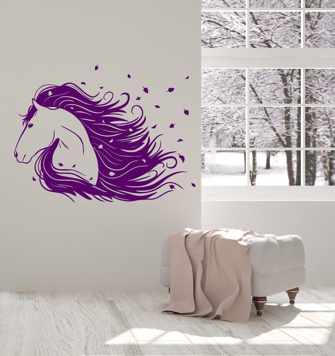 Vinyl Wall Decal Beautiful Horse Head Mane Leaves Animal Stickers Mural Unique Gift (ig4957)