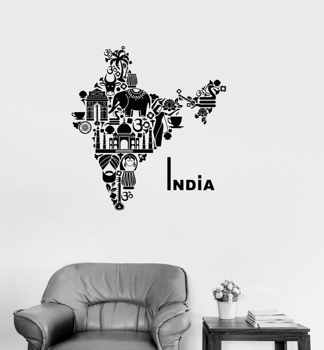 Vinyl Decal India Map Hindu Hinduism Elephant Symbols Decor Wall Stickers Unique Gift (ig2722)