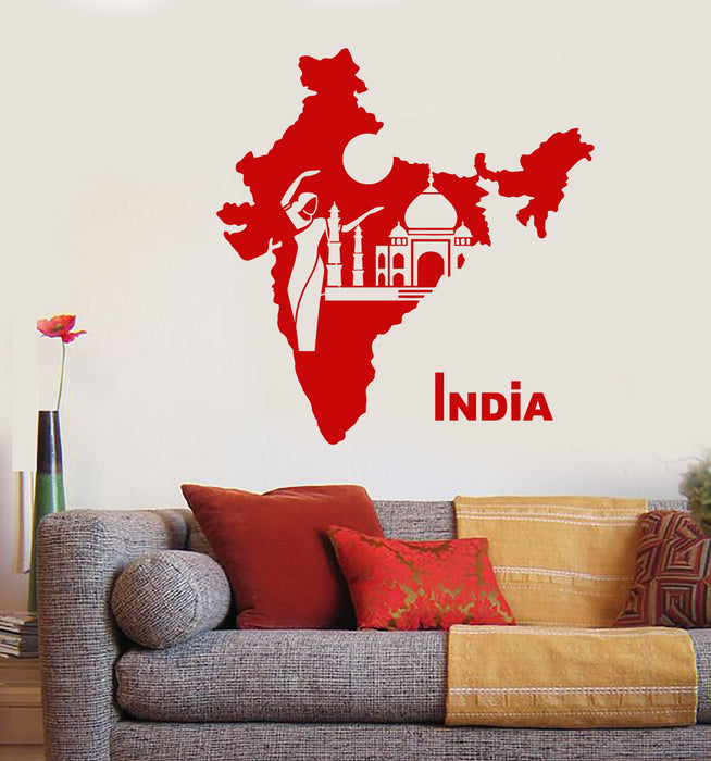 Vinyl Wall Decal India Map Country Hindu Girl Dancer Taj Mahal Stickers (2612ig)