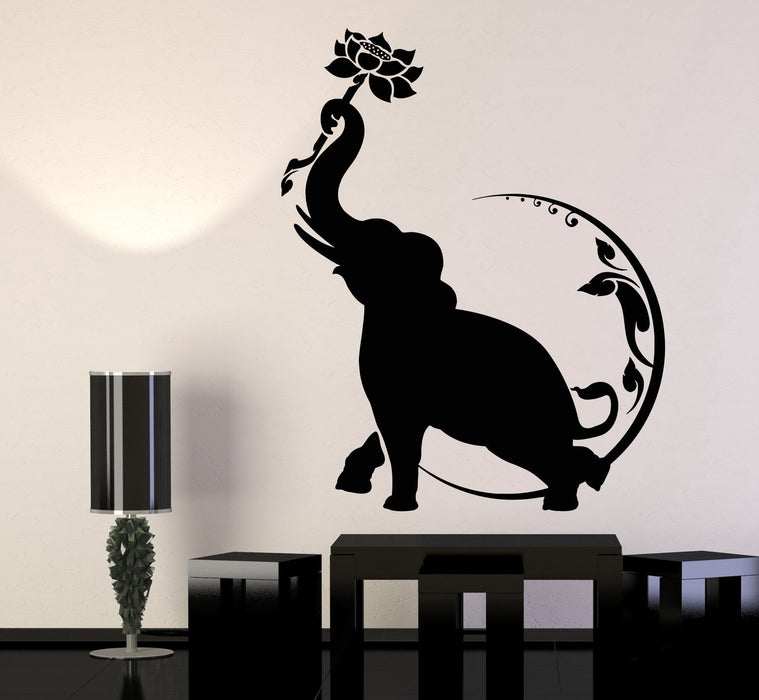Vinyl Wall Decal Indian Elephant Lotus Flower Moon Buddhism Stickers Unique Gift (1171ig)