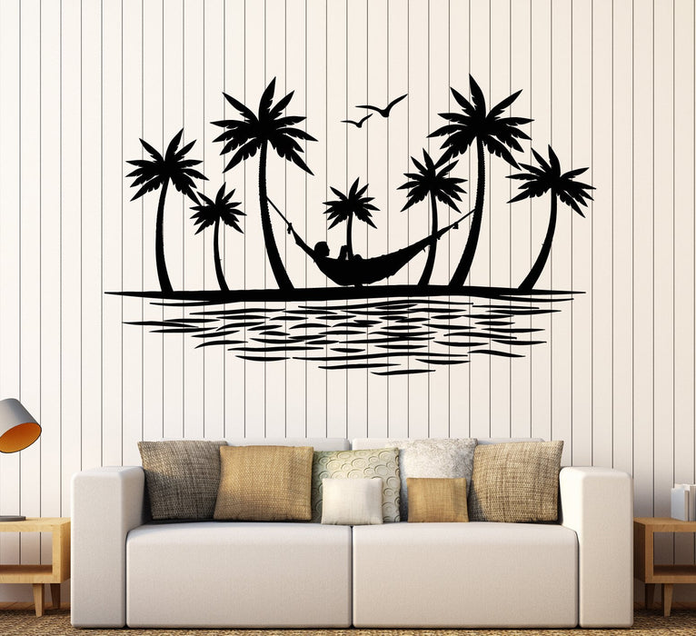 Vinyl Wall Decal Island Palm Tree Birds Hammock Hawaii Beach Style Stickers Unique Gift (1851ig)