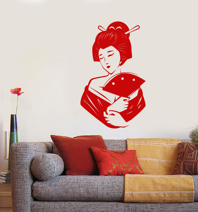 Vinyl Wall Decal Asian Geisha Style Japanese Woman With Fan Stickers (3214ig)