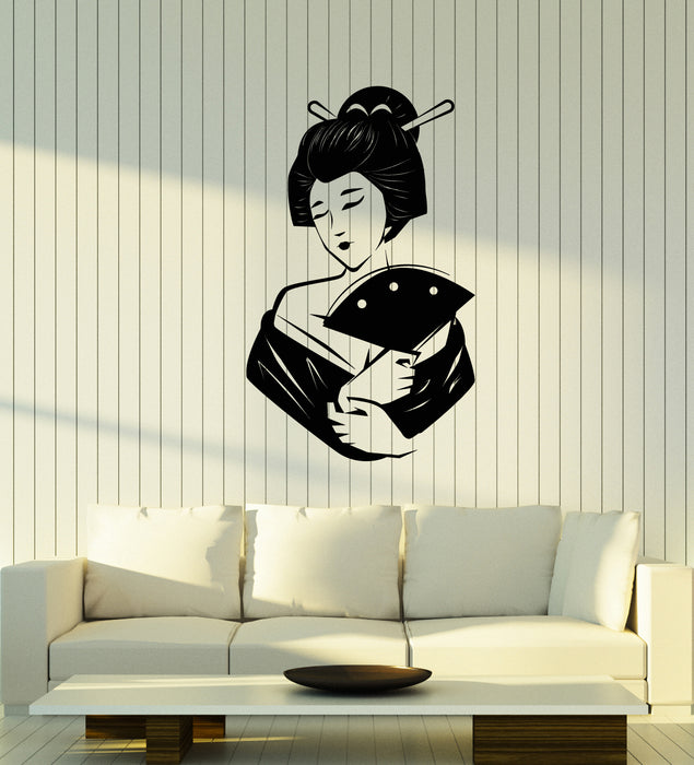 Vinyl Wall Decal Asian Geisha Style Japanese Woman With Fan Stickers (3214ig)