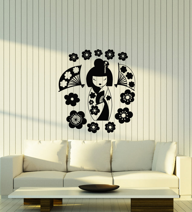 Autocollant mural en vinyle représentant une poupée geisha japonaise avec un éventail, style asiatique (3696ig)