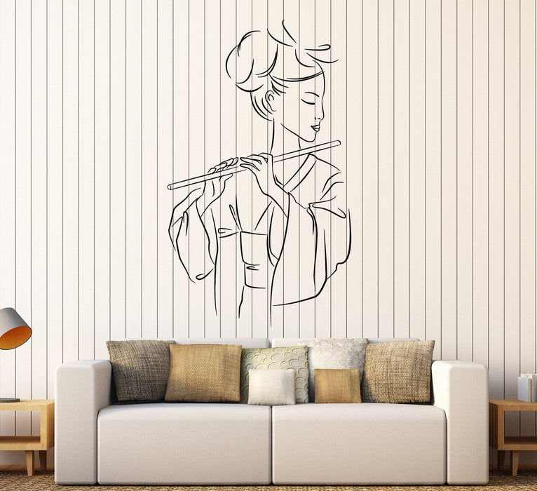 Vinyl Wall Decal Geisha Japanese Girl Asian Woman Fue Music Stickers Unique Gift (1577ig)