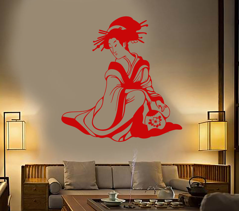 Vinyl Wall Decal Japanese Woman Geisha With Fan Asian Style Stickers Unique Gift (1737ig)