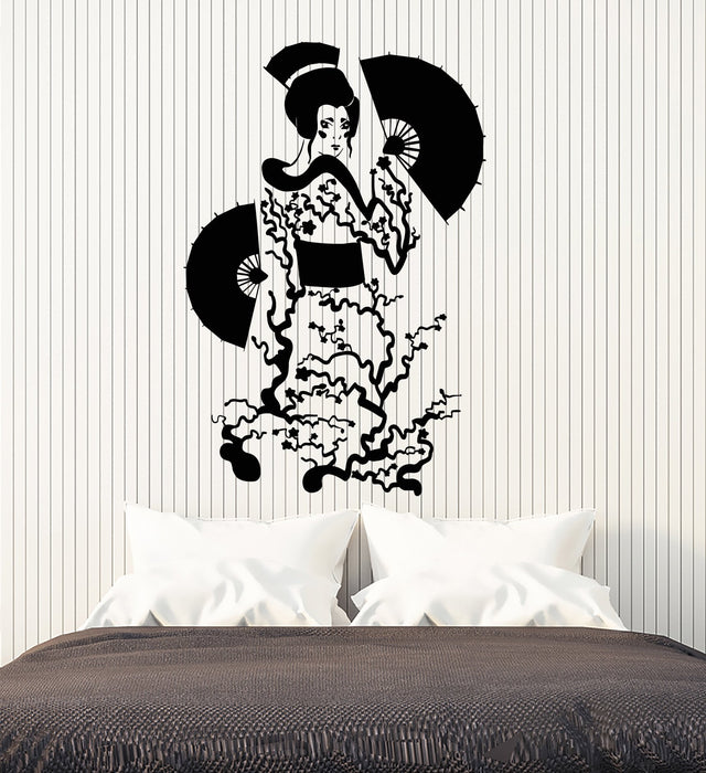 Vinyl Wall Decal Geisha Japanese Asian Girl Woman With Fan Stickers (2579ig)