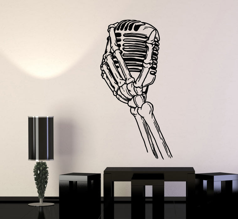 Vinyl Wall Decal Bony Hand With Retro Microphone For Jazz Bar Stickers (2871ig)