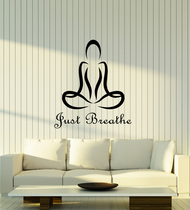 Vinyl Wall Decal Just Breathe Quote Yoga Meditation Room Decor Lotus Pose Stickers (4244ig)