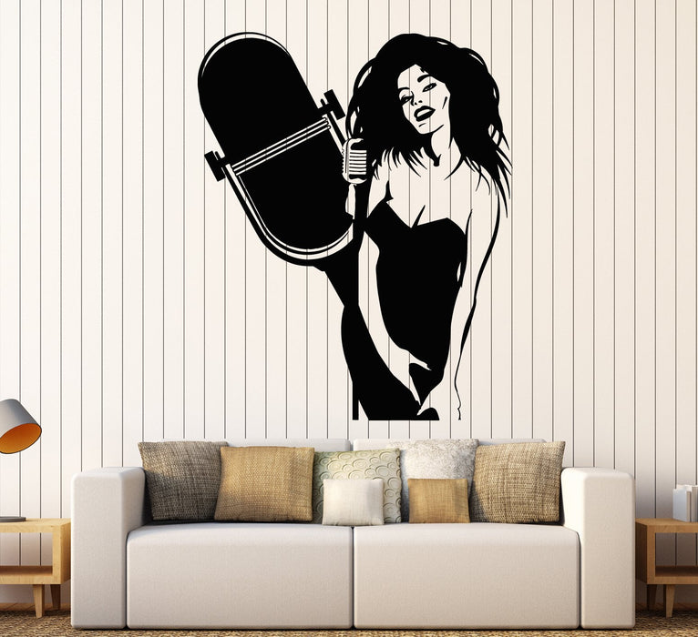 Vinyl Wall Decal Karaoke Club Singer Girl Retro Music Microphone Stickers Unique Gift (1733ig)