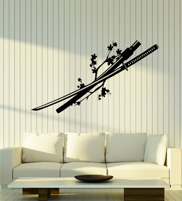 Виниловые наклейки на стену Азиатские японские катаны меч сакура ветка цветы наклейки (2982ig)