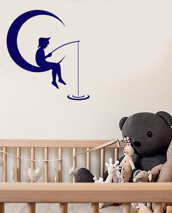 Vinyl Wall Decal Cartoon Boy On The Moon Crescent Fishes Stickers (3011ig)