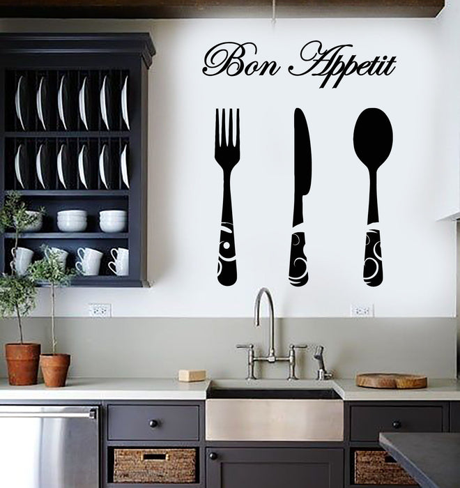 Vinyl Wall Decal Kitchen Decor Bon Appetite Quote Cutlery Fork Knife Stickers (2693ig)