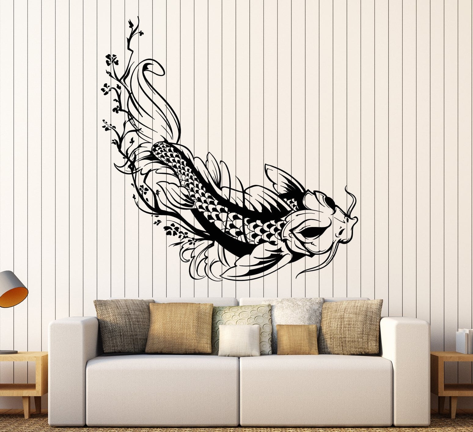 Vinyl Wall Decal Asian Style Japanese Koi Carp Fish Sakura Tree Sticke ...